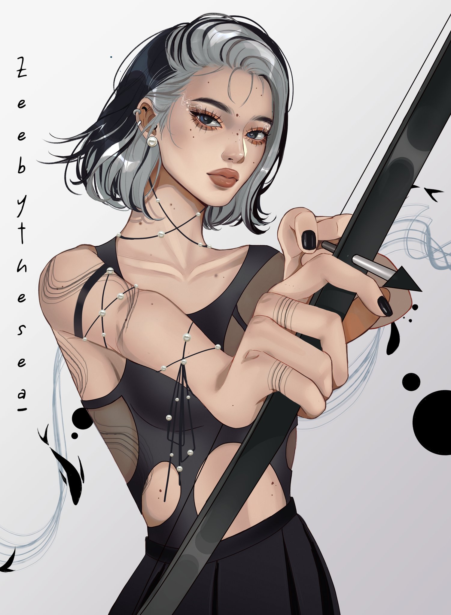 zeebythesea, original, highres, 1girl, abstract, abstract background, arm tattoo, arrow (projectile), artist name, asian, black eyes, black hair, black nails, black shirt, black skirt, bow (weapon), brown lips, circle, closed mouth, clothing cutout, collarbone, colored inner hair, cowboy shot, ear piercing, earrings, eyelashes, eyeshadow, fashion, finger tattoo, fish background, forehead, gradient background, grey background, grey hair, holding, holding bow (weapon), holding weapon, jewelry, makeup, mei (zeebythesea), mole, mole on arm, mole on cheek, mole on collarbone, mole on forehead, mole on neck, mole on nose, mole on stomach, multicolored hair, nail polish, orange eyeshadow, pearl earrings, piercing, pleated skirt, see-through clothes, see-through shirt, shirt, short hair, side cutout, single sidelock, skirt, stomach cutout, tattoo, thick eyebrows, thick lips, tight clothes, tight shirt, weapon, white background