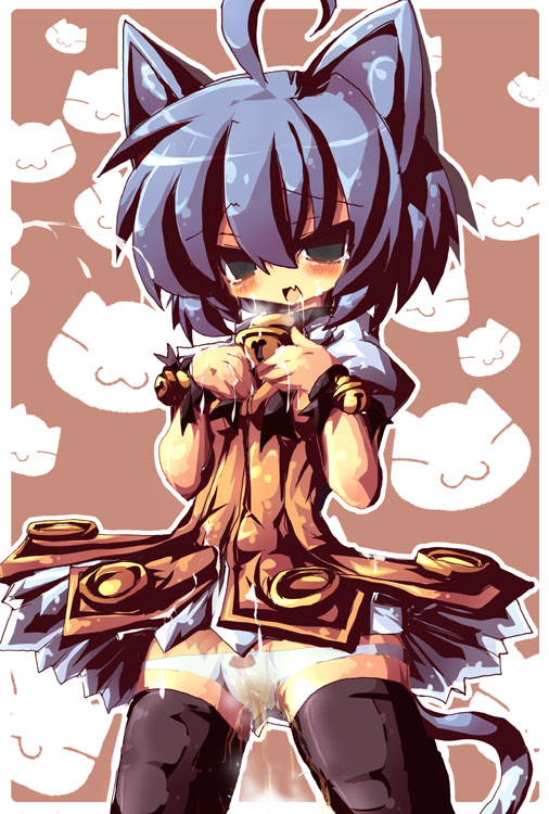 dango mushi, midarezaki kyouka, kyouran kazoku nikki, 00s, animal ears, blue hair, blush, cat ears, cat tail, cum, cum on clothes, dress, loli, naughty face, panties, pee, peeing, peeing self, saliva, solo, tail, thighhighs, two-tone dress, underwear, white panties
