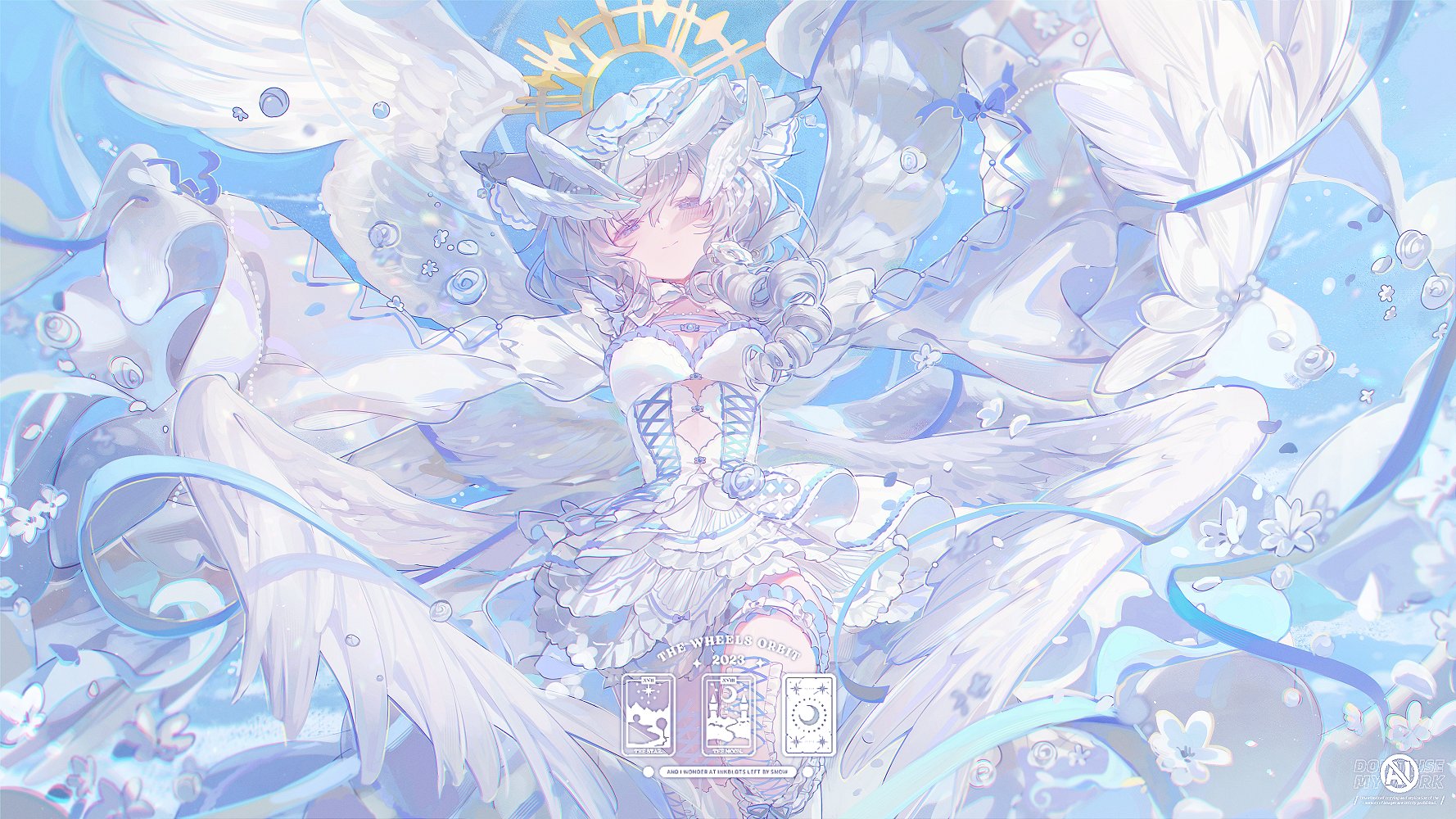 umehara sei, original, highres, 1girl, angel, angel wings, blue ribbon, breasts, cross-laced clothes, dress, feathered wings, halo, head wings, long hair, long sleeves, looking at viewer, multiple wings, ribbon, smile, solo, white dress, white hair, white theme, white wings, wings