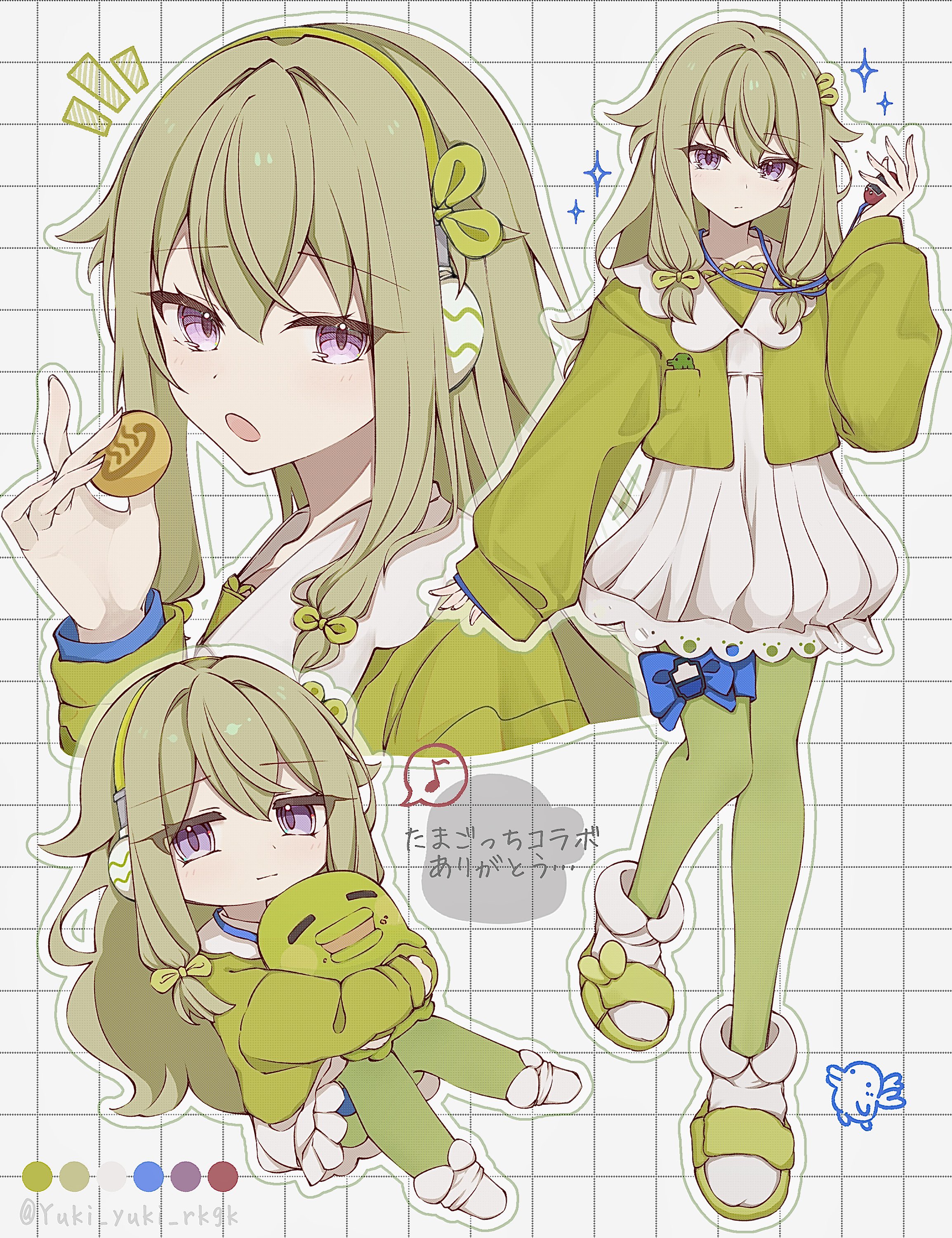 yuki asterisk, kusanagi nene, project sekai, absurdres, highres, 1girl, bow, chibi, closed mouth, coin, cookie, dress, food, green hair, green jacket, green pantyhose, headphones, holding, holding coin, holding food, hug, jacket, long hair, long sleeves, looking at viewer, low-tied sidelocks, multiple views, musical note, open mouth, pantyhose, purple eyes, sandals, sidelocks, sparkle, spoken musical note, white dress