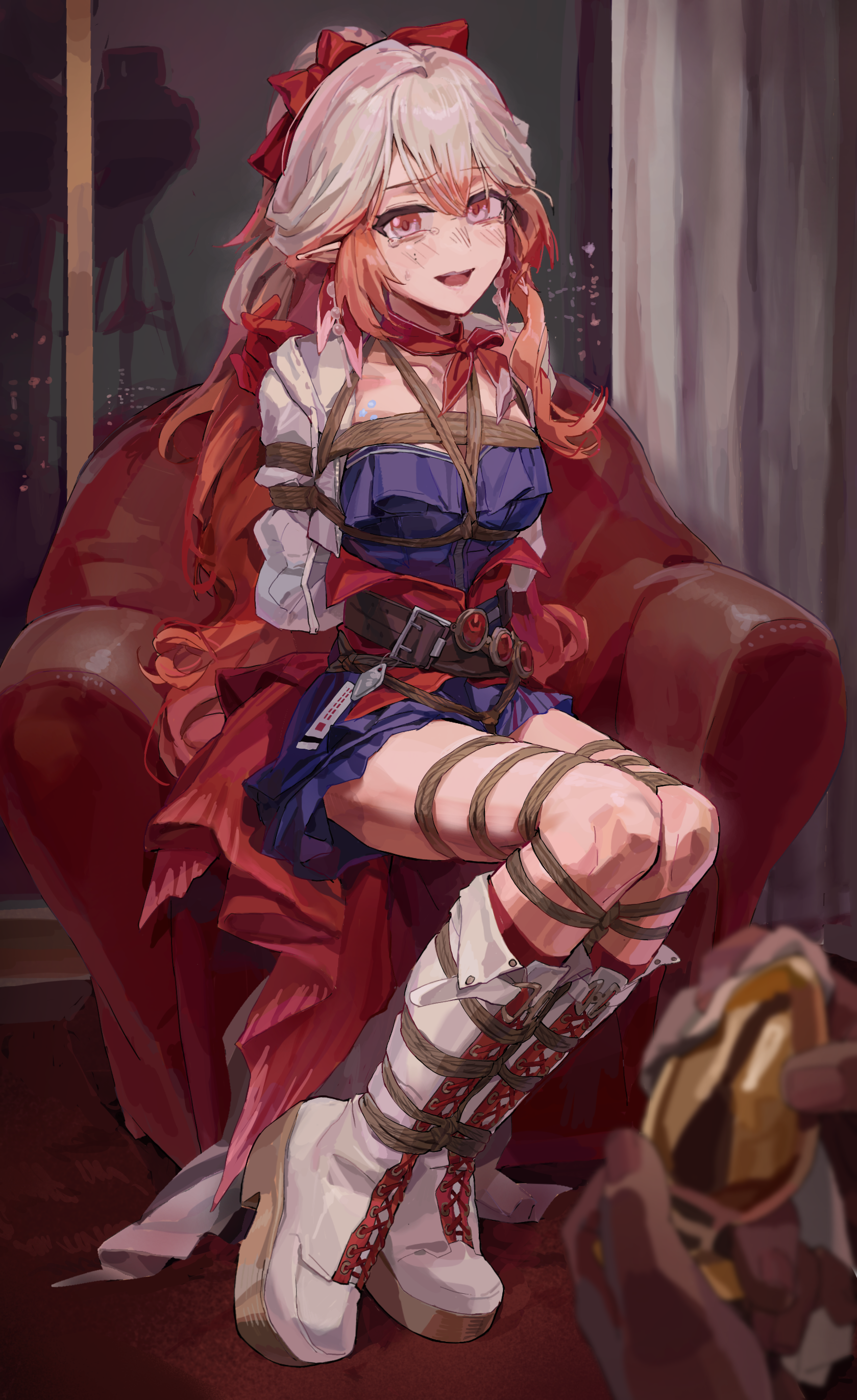 a tea, haruka (arknights), arknights, absurdres, chinese commentary, commentary request, highres, 1girl, :d, armchair, arms behind back, bdsm, belt, blue dress, bondage, boots, bound, bound arms, bound legs, bow, breast bondage, breasts, brown belt, butt plug, chair, collarbone, colored tips, cropped jacket, crying, crying with eyes open, curtains, dildo, dress, earrings, fold-over boots, full body, hair between eyes, hair bow, holding, holding sex toy, indoors, jacket, jewelry, lace-up boots, long hair, long sleeves, looking at viewer, multicolored hair, on chair, open clothes, open jacket, open mouth, orange hair, out of frame, overskirt, pearl earrings, platform boots, pointy ears, ponytail, red eyes, red hair, red overskirt, red ribbon, red scarf, reflection, ribbon, scarf, sex toy, shibari, shibari over clothes, short dress, sitting, skindentation, small breasts, smile, solo, tears, teeth, two-tone hair, upper teeth only, very long hair, video camera, white boots, white hair, white jacket