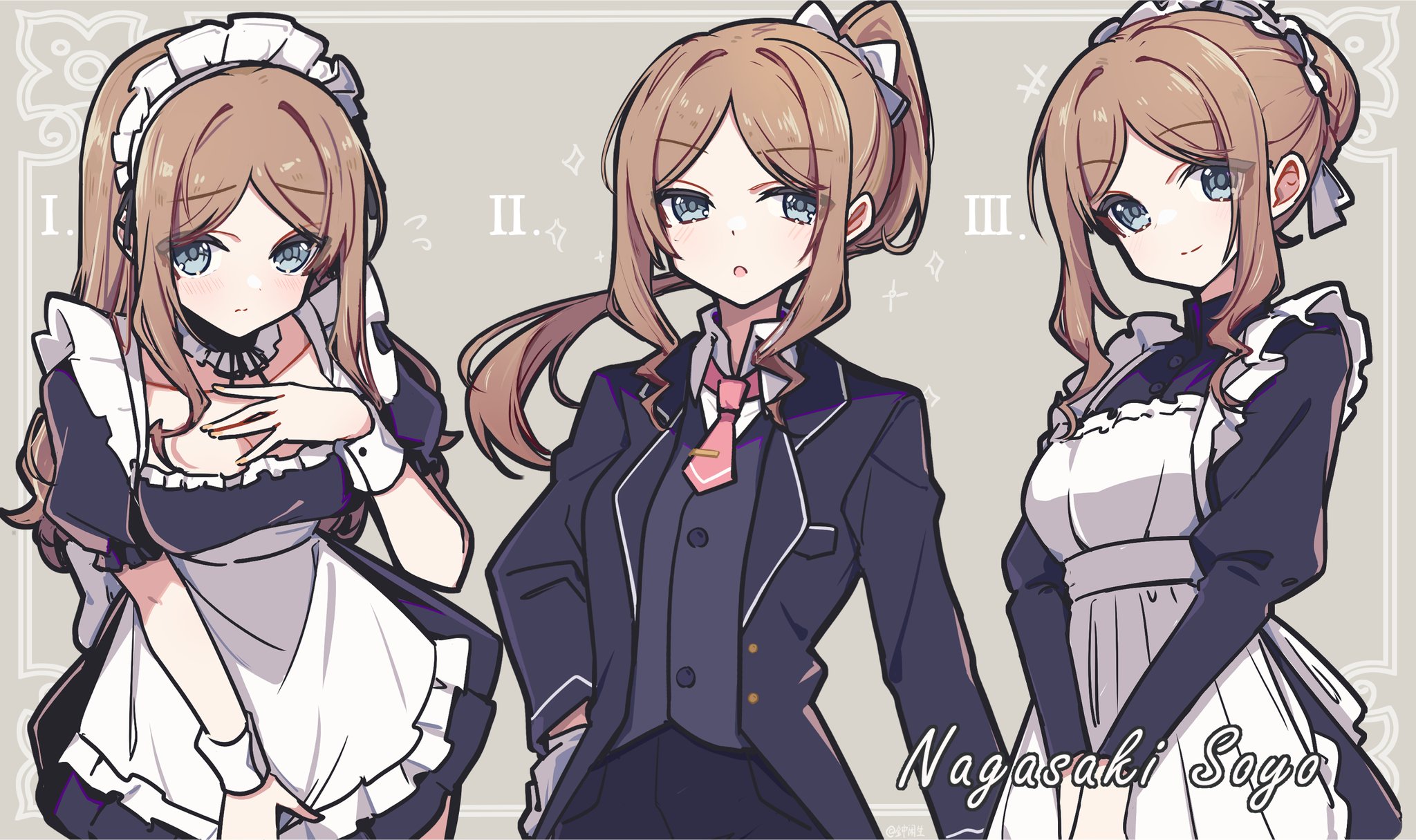 zhong xiansheng, nagasaki soyo, bang dream!, bang dream! it's mygo!!!!!, commentary request, highres, 1girl, apron, black dress, black jacket, black vest, blue eyes, breasts, brown hair, dress, hand on own chest, jacket, large breasts, long hair, maid, maid headdress, male focus, open clothes, open jacket, short hair, sidelocks, vest, white apron
