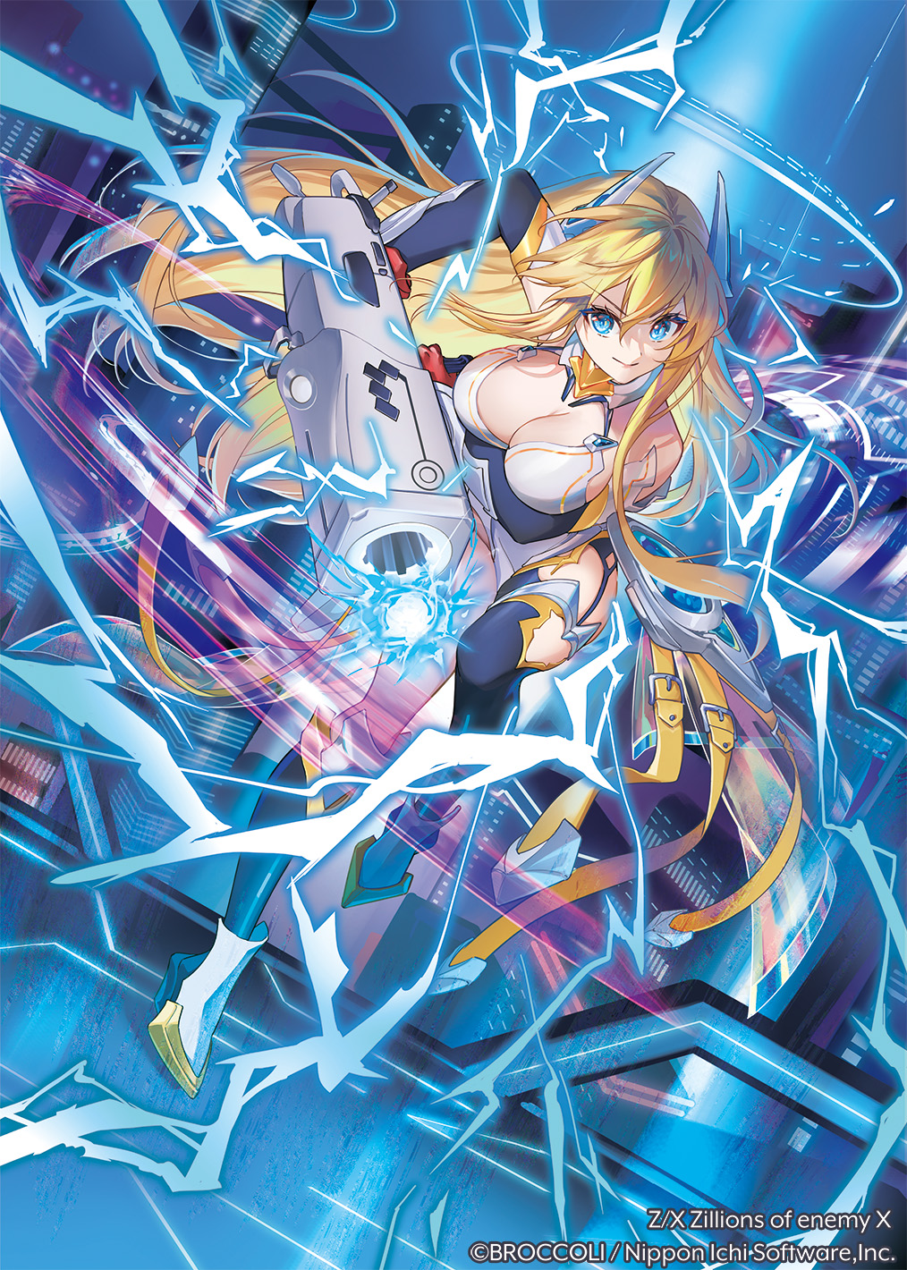 konatsu hare, rigel (z/x), z/x, highres, official art, 1girl, blonde hair, blue eyes, bodysuit, breasts, cannon, cityscape, cleavage, closed mouth, copyright notice, electricity, hair ornament, holding, holding weapon, large breasts, long hair, shoes, smile, solo, standing, standing on one leg, thighhighs, very long hair, weapon, white bodysuit, white shoes