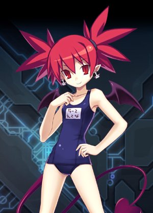 harada takehito, etna (beach) (disgaea), etna (disgaea), cross edge, disgaea, nippon ichi, x edge, lowres, 1girl, bat wings, demon girl, demon tail, female focus, one-piece swimsuit, pointy ears, red eyes, red hair, school swimsuit, skull, solo, swimsuit, tail, wings
