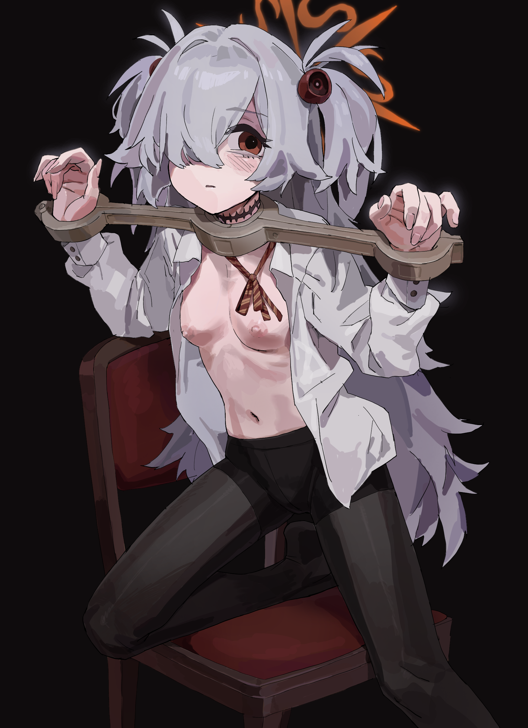 a tea, kanoe (blue archive), blue archive, absurdres, commentary request, highres, 1girl, bdsm, black background, black pantyhose, blush, bondage, bound, bow, bowtie, breasts, brown eyes, chair, collared shirt, grey hair, hair over one eye, halo, long hair, looking to the side, navel, nipples, on chair, pantyhose, pillory, red bow, red bowtie, restrained, shirt, small breasts, solo, stomach, twintails, unbuttoned, unbuttoned shirt, very long hair, white shirt