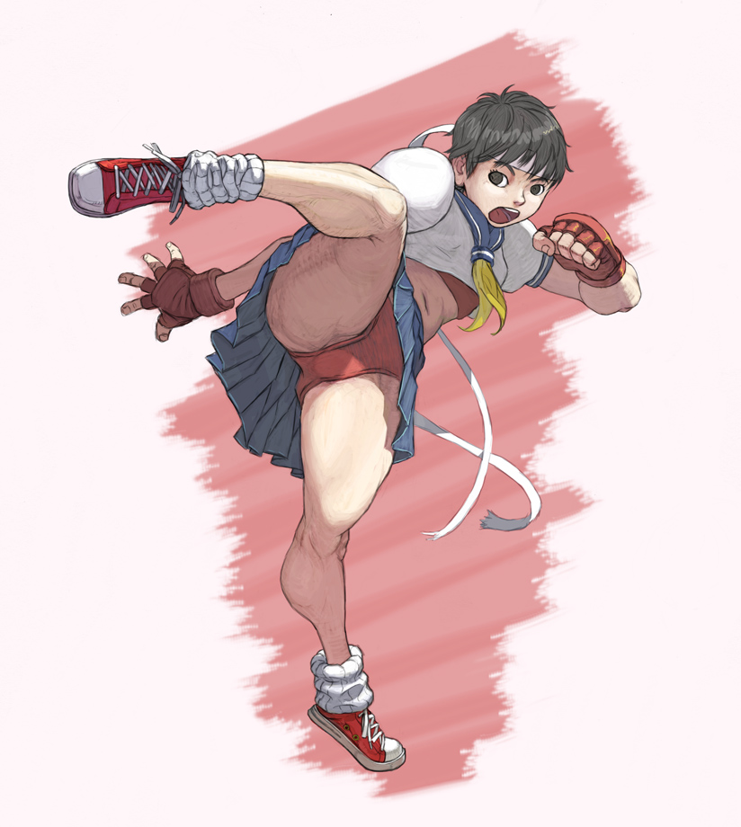 futoshi, kasugano sakura, capcom, street fighter, bad id, bad pixiv id, 1girl, bandana, blue sailor collar, buruma, female focus, headband, high kick, kicking, loose socks, orange buruma, sailor collar, school uniform, serafuku, shoes, sneakers, socks, solo, underwear, upskirt