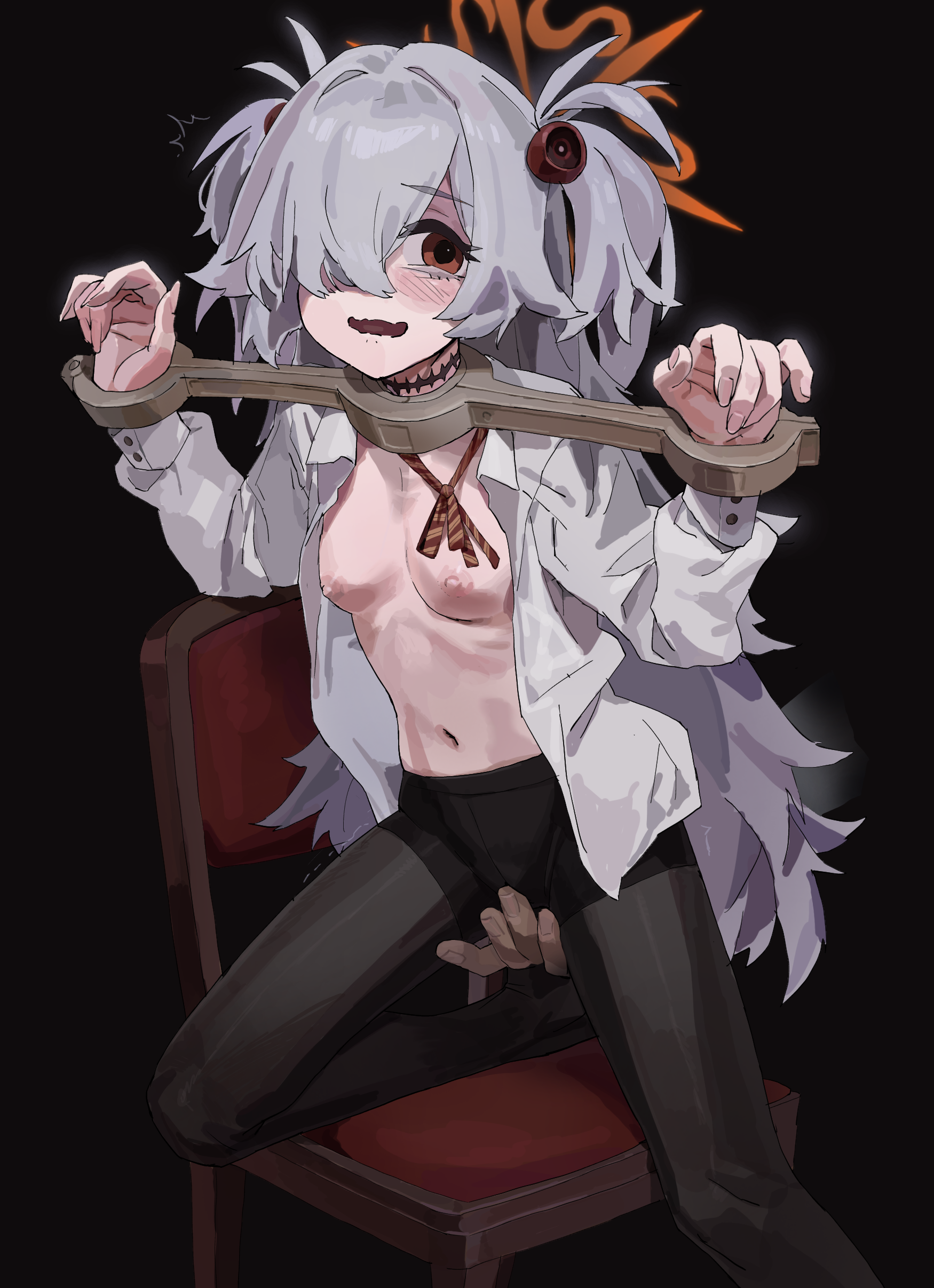 a tea, kanoe (blue archive), blue archive, absurdres, commentary request, highres, 1girl, bdsm, black background, black pantyhose, blush, bondage, bound, bow, bowtie, breasts, brown eyes, chair, collared shirt, grey hair, hair over one eye, halo, long hair, looking to the side, navel, nipples, on chair, pantyhose, pillory, red bow, red bowtie, restrained, shirt, small breasts, solo, stomach, twintails, unbuttoned, unbuttoned shirt, very long hair, white shirt