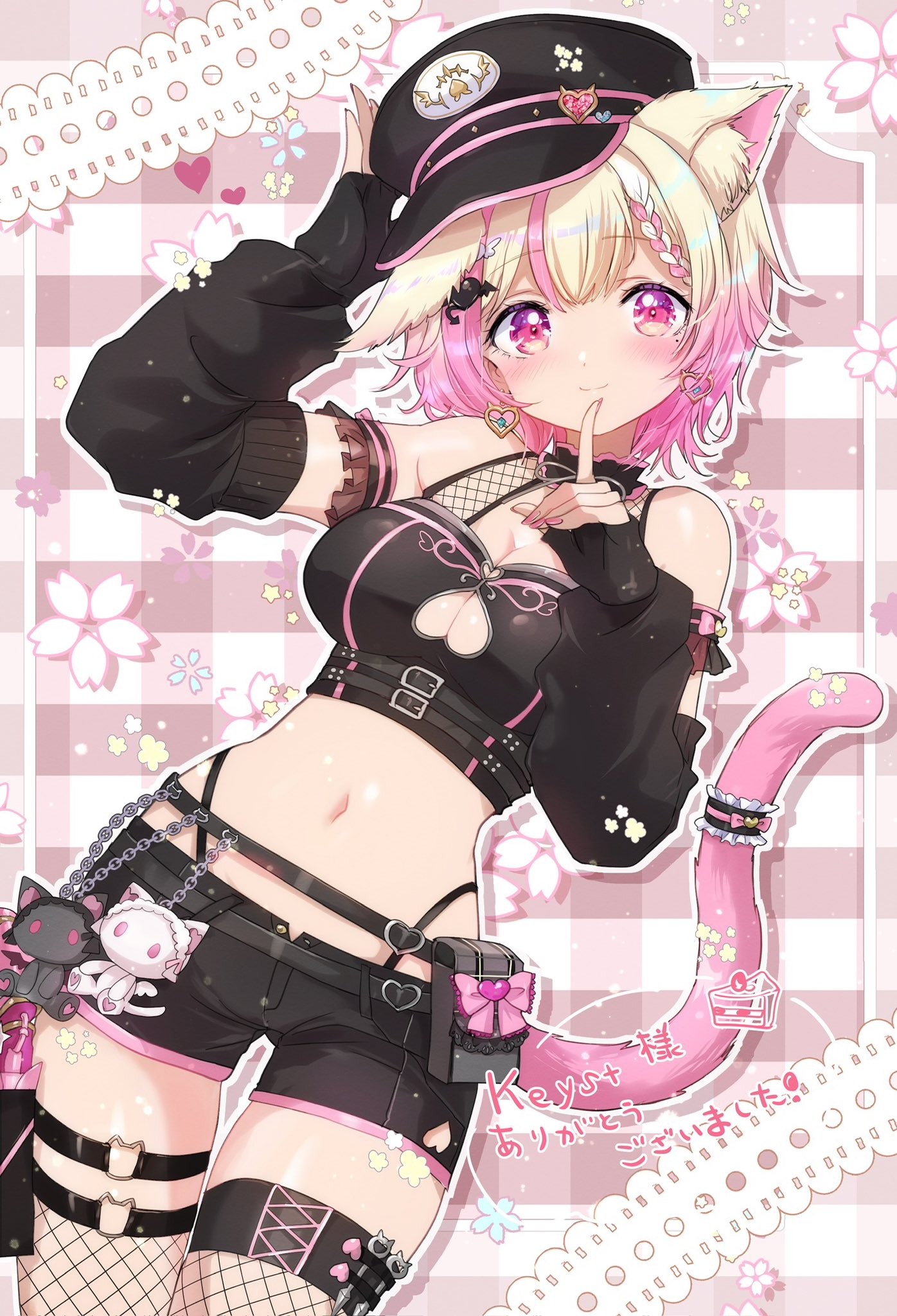 kklloo1, momonya miyui, indie virtual youtuber, commentary request, commission, highres, second-party source, skeb commission, 1girl, animal ears, bare shoulders, belt, belt pouch, black choker, black hat, black shirt, black shorts, blonde hair, breasts, cat ears, cat girl, cat tail, choker, cleavage, cleavage cutout, closed mouth, clothing cutout, cowboy shot, crop top, detached sleeves, fishnet thighhighs, fishnets, gradient hair, hand on headwear, hand up, hat, heart cutout, highleg, index finger raised, long sleeves, looking at viewer, medium breasts, midriff, mole, mole under eye, multicolored hair, navel, open fly, panty straps, peaked cap, pink eyes, pink hair, pouch, shirt, short hair, short shorts, shorts, sleeveless, sleeveless shirt, smile, solo, stomach, streaked hair, tail, thigh strap, thighhighs, two-tone hair, virtual youtuber