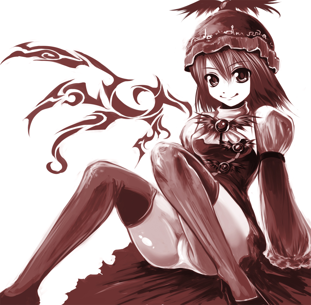 tamajam, mystia lorelei, touhou, 1girl, academic test, female focus, hat, legs, monochrome, panties, pantyshot, sepia, short hair, sitting, smile, solo, thighhighs, thighs, underwear, upskirt