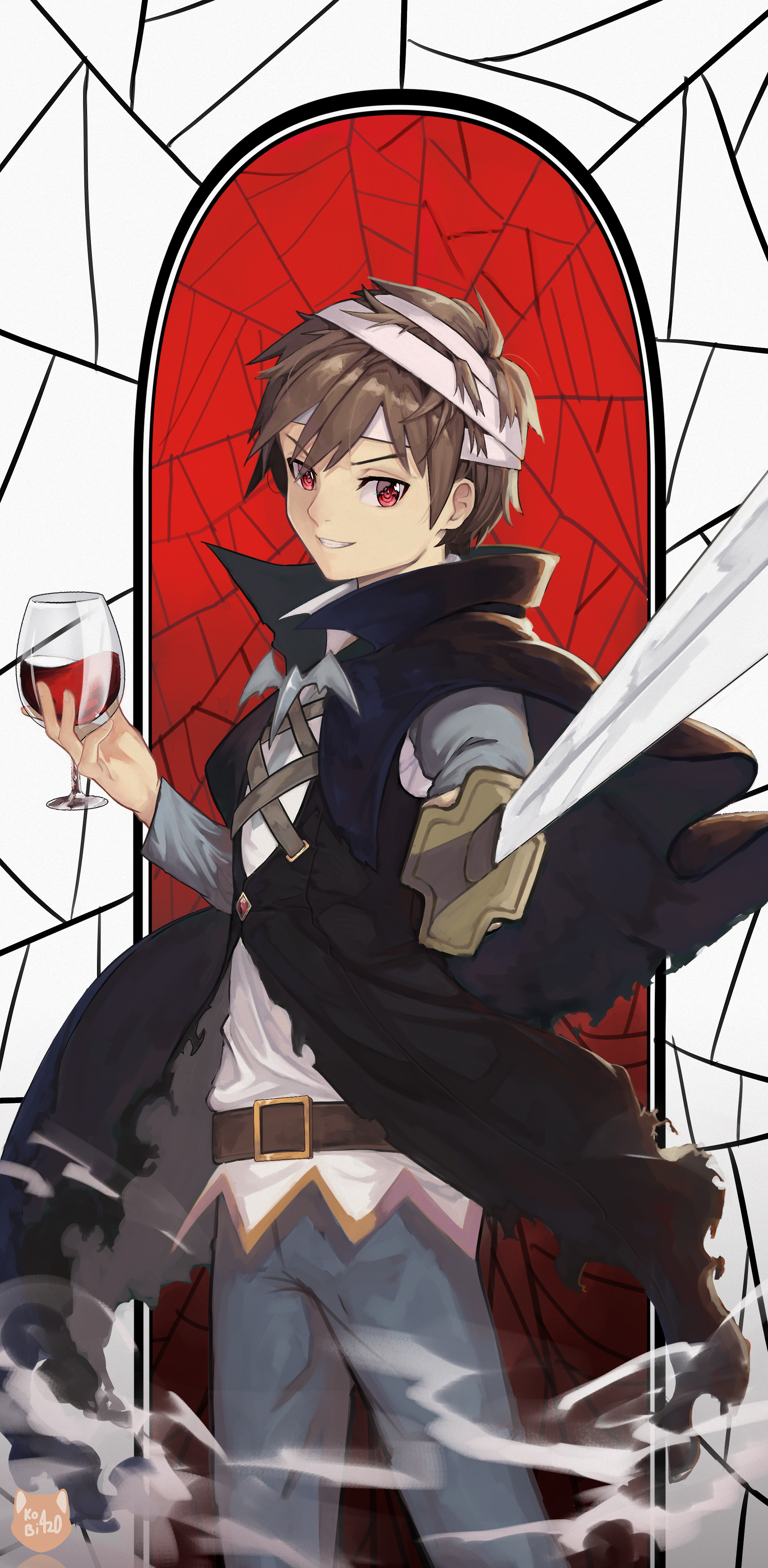kobi420, satou kazuma, kono subarashii sekai ni shukufuku wo!, absurdres, commentary, english commentary, highres, 1boy, artist logo, artist name, bandaged head, bandages, belt, black cloak, brown belt, brown hair, cloak, collared shirt, cowboy shot, cup, drinking glass, fog, grey pants, hair between eyes, holding, holding cup, holding sword, holding weapon, logo, looking at viewer, male focus, nose, pants, parted lips, red background, red eyes, shirt, short hair, smile, solo, stained glass, sword, weapon, white background, white shirt, wine glass