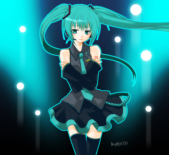 hatsune miku, vocaloid, aqua hair, detached sleeves, green eyes, headphones, necktie, skirt, solo, thighhighs, twintails, zettai ryouiki