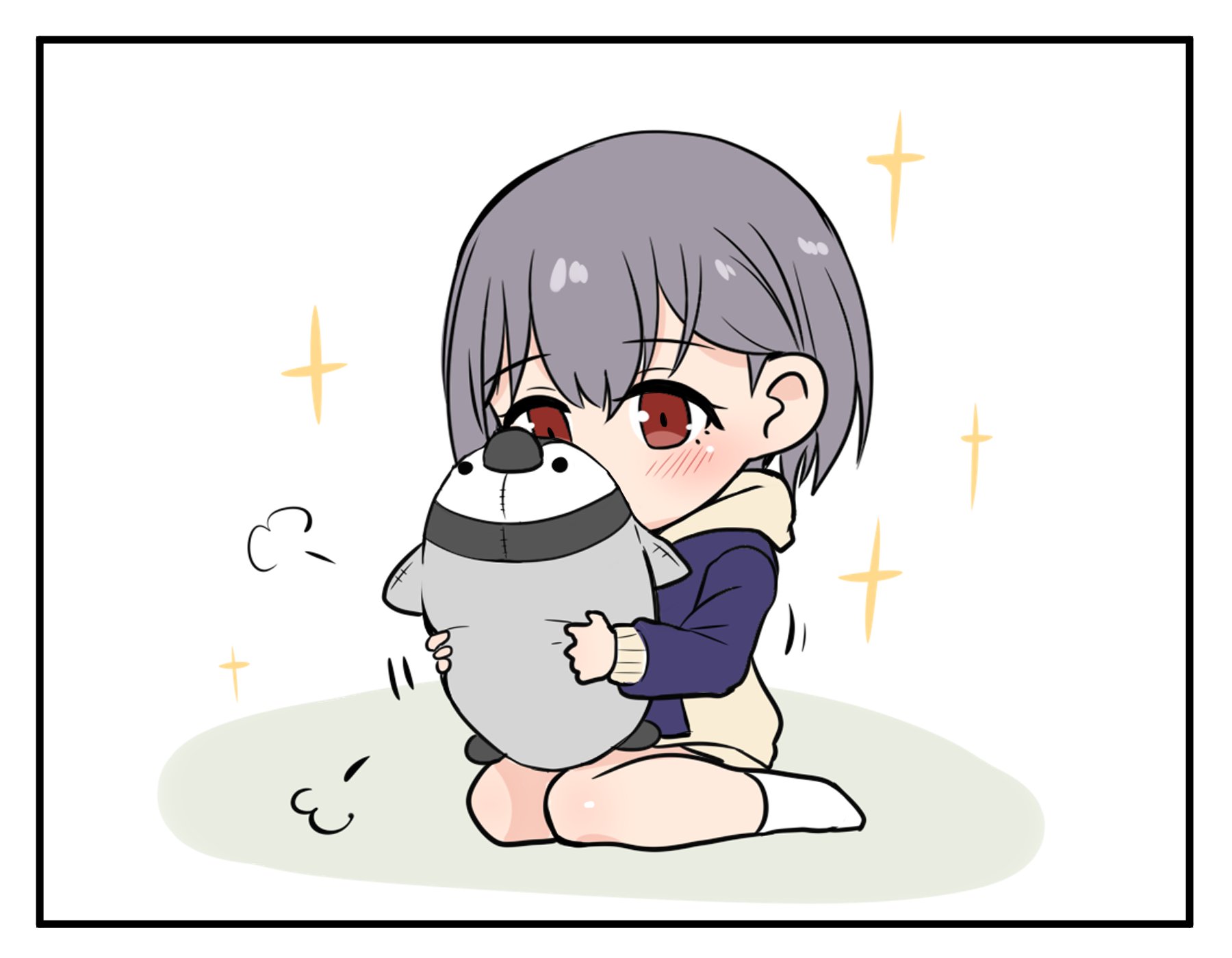 asyura kumo, takamatsu tomori, bang dream!, bang dream! it's mygo!!!!!, commentary, highres, symbol-only commentary, 1girl, blue hoodie, blush, closed mouth, grey hair, holding, holding stuffed toy, hood, hood down, hoodie, orange eyes, puff of air, short hair, sitting, socks, solo, sparkle, stuffed animal, stuffed penguin, stuffed toy, white socks