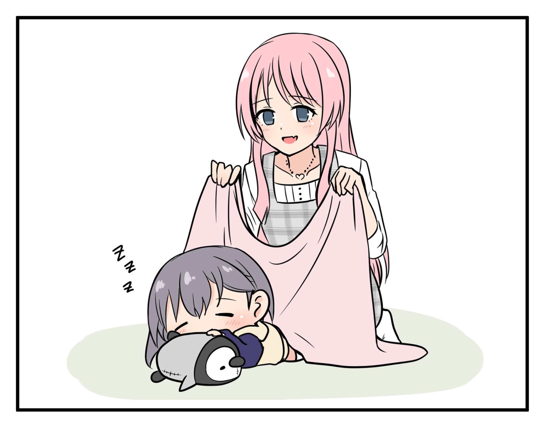 asyura kumo, chihaya anon, takamatsu tomori, bang dream!, bang dream! it's mygo!!!!!, commentary, highres, symbol-only commentary, 2girls, :d, blush, chibi, covering with blanket, dress, fang, grey dress, grey eyes, grey hair, heart, heart necklace, jewelry, long hair, multiple girls, necklace, open mouth, pinafore dress, pink hair, plaid clothes, plaid dress, shirt, short hair, skin fang, sleeping, sleeveless, sleeveless dress, smile, stuffed animal, stuffed penguin, stuffed toy, three-quarter sleeves, white shirt, zzz