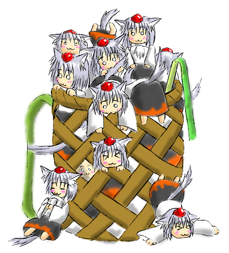 agile (agile zip), inubashiri momiji, touhou, > <, 1girl, 6+girls, :3, animal ears, basket, clone, closed eyes, female focus, multiple girls, tail, x3