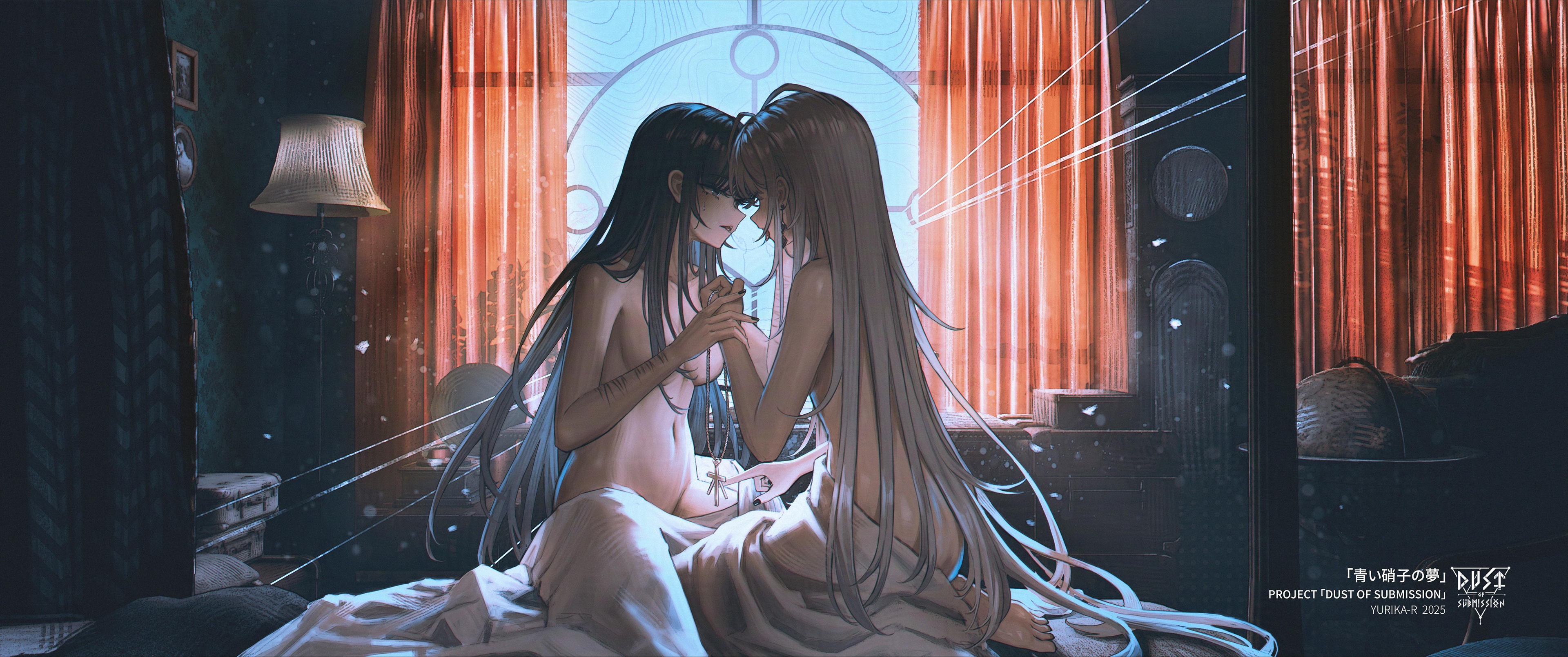 yurika-r, original, absurdres, commentary request, highres, 2girls, 3d background, after kiss, barefoot, black hair, black nails, breasts, curtains, earrings, eye contact, holding neck, igarashi sophia, jewelry, long hair, looking at another, medium breasts, meguro roudoku, multiple girls, nail polish, nude, phonograph, saliva, saliva trail, self-harm scar, white hair, yuri