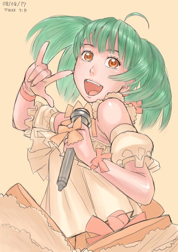 zenkou, ranka lee, macross, macross frontier, 00s, 1girl, 2008, character name, copyright name, dated, dress, female focus, green hair, m/, orange background, orange dress, seikan hikou, short hair, simple background, solo, yellow background, yellow eyes