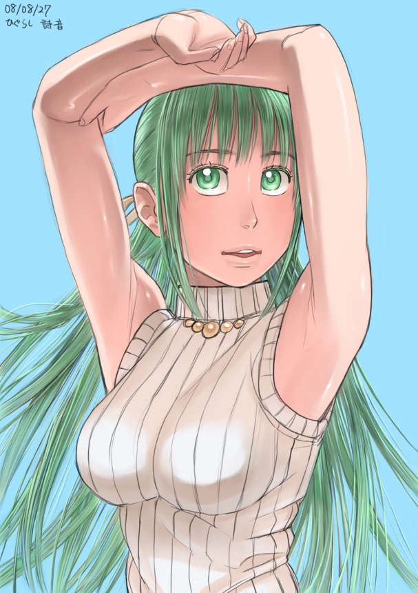 zenkou, sonozaki shion, higurashi no naku koro ni, 00s, 1girl, 2008, armpits, arms up, blue background, breasts, dated, female focus, green eyes, green hair, large breasts, long hair, matching hair/eyes, ponytail, shirt, simple background, sleeveless, sleeveless turtleneck, solo, sweater, taut clothes, taut shirt, turtleneck
