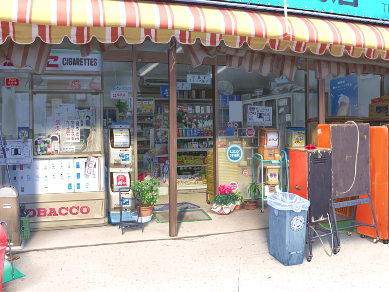 sai gakai, original, day, no humans, scenery, shop, trash can
