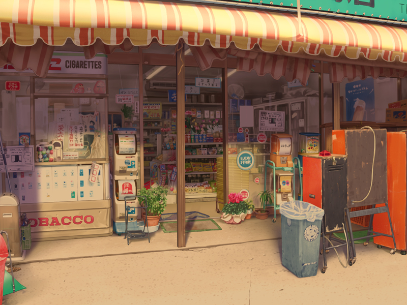 sai gakai, original, evening, no humans, scenery, shop, sunset, trash can