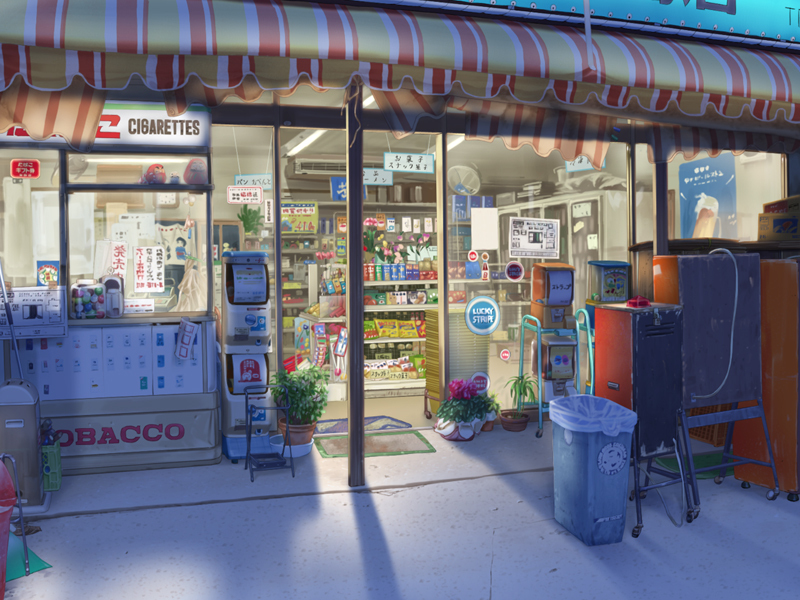 sai gakai, original, night, no humans, scenery, shop, trash can