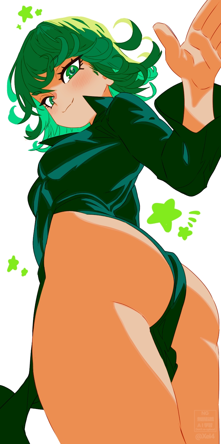 xel4, tatsumaki, one-punch man, highres, 1girl, ass, blush, breasts, collared dress, dress, dutch angle, from below, green dress, green eyes, green hair, looking at viewer, medium hair, pelvic curtain, small breasts, solo, standing