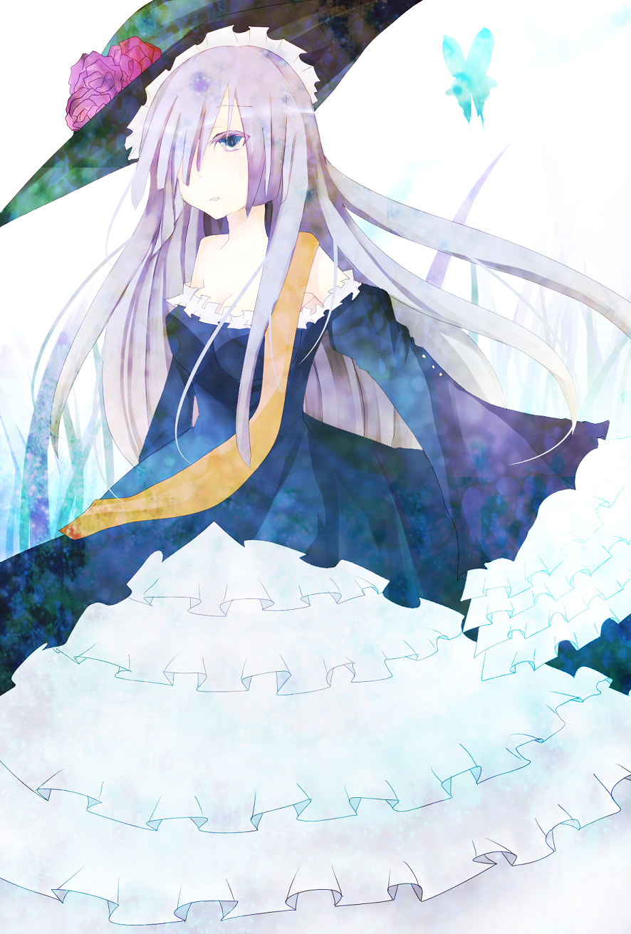 kiduki@mosaku chuu, kizuki (hako-k), virgilia (umineko), umineko no naku koro ni, silver hair, bad id, bad pixiv id, highres, 00s, 1girl, blue eyes, bug, butterfly, dress, female focus, frills, hat, insect, long hair, sash, solo