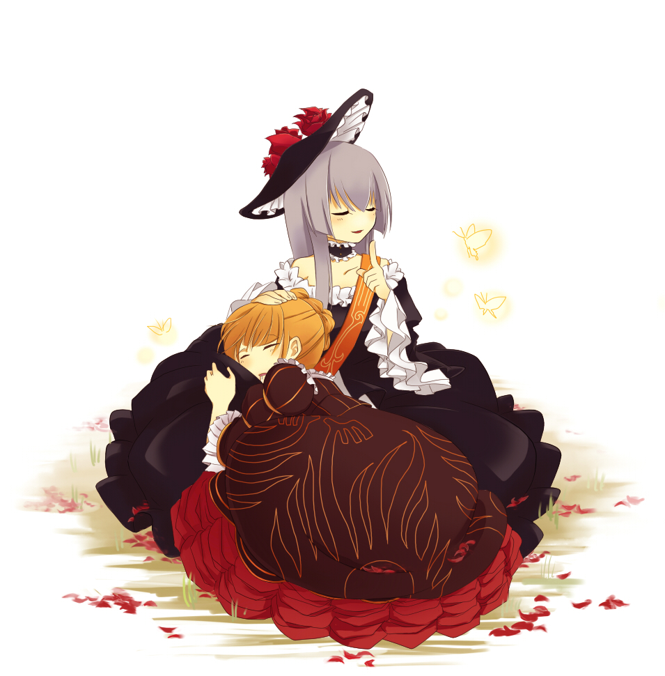 kamiture, beatrice (umineko), virgilia (umineko), umineko no naku koro ni, silver hair, 00s, 2girls, blonde hair, bug, butterfly, choker, closed eyes, hime cut, insect, multiple girls, pointing, sash, sleeping