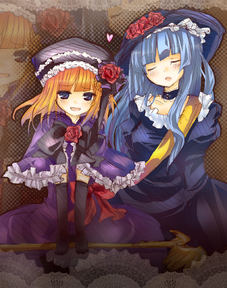 suzushiro kurumi, eva beatrice, virgilia (umineko), umineko no naku koro ni, 00s, 2girls, blue hair, blush, choker, closed eyes, flower, frills, hat, heart, hime cut, long hair, multiple girls, orange hair, short hair, staff