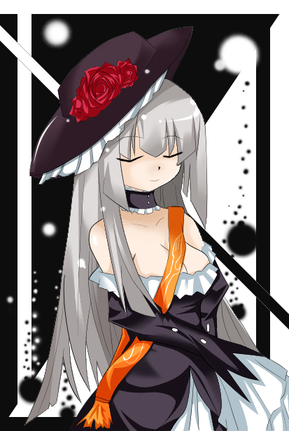 virgilia (umineko), umineko no naku koro ni, 00s, 1girl, breasts, closed eyes, female focus, grey hair, hat, large breasts, long hair, sash, solo