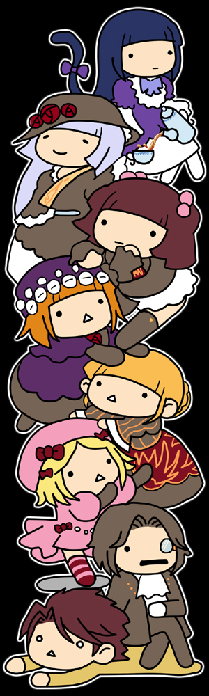 kashiwa kiseri, beatrice (umineko), eva beatrice, frederica bernkastel, lambdadelta, ronove (umineko), ushiromiya ange, ushiromiya battler, virgilia (umineko), umineko no naku koro ni, long image, tall image, 00s, 2boys, 6+girls, :<, chibi, everyone, hair bobbles, hair ornament, human tower, lying, monocle, multiple boys, multiple girls, o o, on stomach, pouring, ribbon, stacking, tail, tail ornament, tail ribbon, tea, thighhighs, triangle mouth, wide face, zettai ryouiki