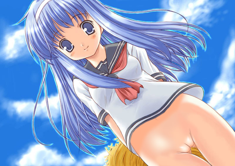 figo, takayashiki matsuri, kazoku keikaku, nude filter, source request, third-party edit, 1girl, blue eyes, blue hair, bottomless, day, dutch angle, female focus, from below, hairband, headband, long hair, looking at viewer, looking down, matching hair/eyes, no panties, outdoors, pussy, school uniform, serafuku, sky, solo, uncensored, zenra