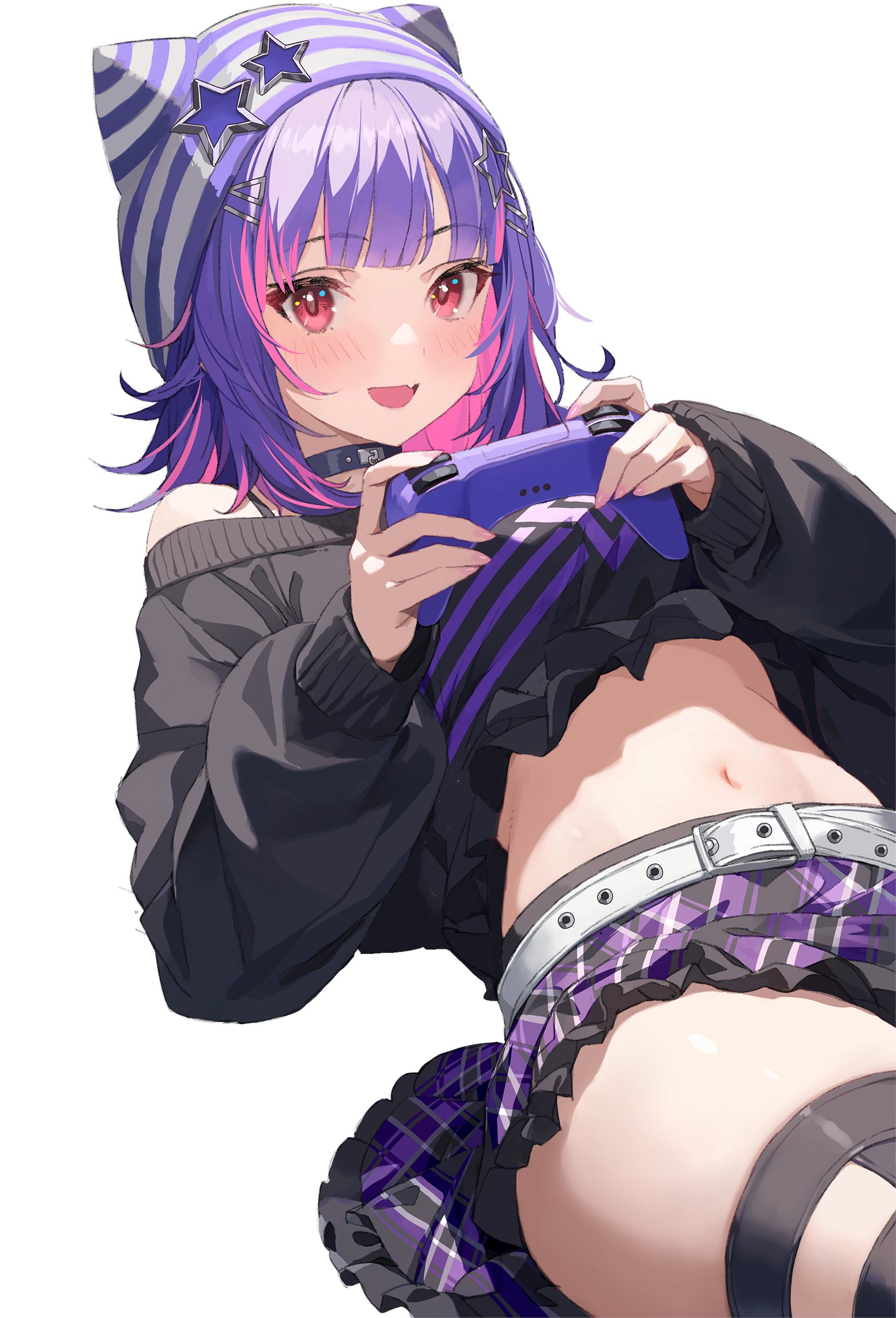 yahako, solari riko, vspo!, vspo! en, absurdres, commission, highres, second-party source, skeb commission, 1girl, alternate costume, bare shoulders, beanie, belt, black choker, black shirt, black skirt, black thighhighs, bra strap, choker, colored inner hair, controller, crop top, crop top overhang, fang, game controller, hat, holding, holding controller, holding game controller, long sleeves, looking at viewer, lying, medium hair, midriff, miniskirt, multicolored hair, navel, off-shoulder shirt, off shoulder, on back, open mouth, pink hair, plaid clothes, plaid skirt, purple hair, red eyes, shirt, simple background, skirt, smile, solo, stomach, streaked hair, striped hat, thighhighs, thighs, two-tone hair, virtual youtuber, white background, zettai ryouiki