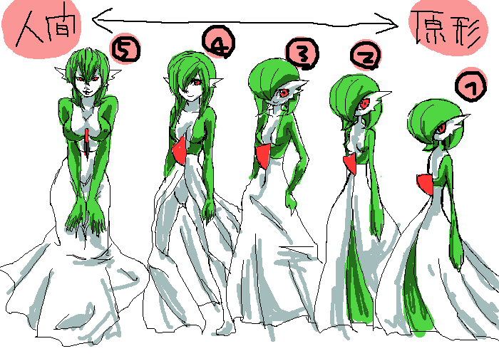 gardevoir, sirnight, moemon, nintendo, pokemon, 1girl, breasts, chart, cleavage, covered erect nipples, creature and personification, evolution, gen 3 pokemon, green eyes, green hair, medium breasts, multiple views, oekaki, personification, pokemon (creature), red eyes, smile