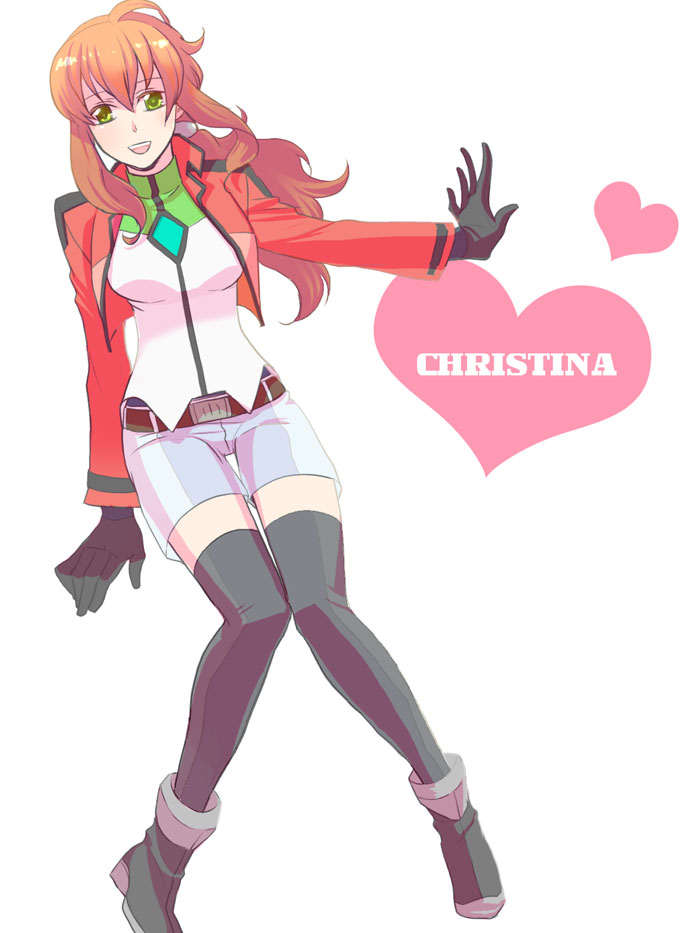yamori21, christina sierra, gundam, gundam 00, bad id, bad pixiv id, 00s, belt, boots, brown hair, gloves, green eyes, jacket, long hair, open mouth, shorts, smile, solo, thighhighs