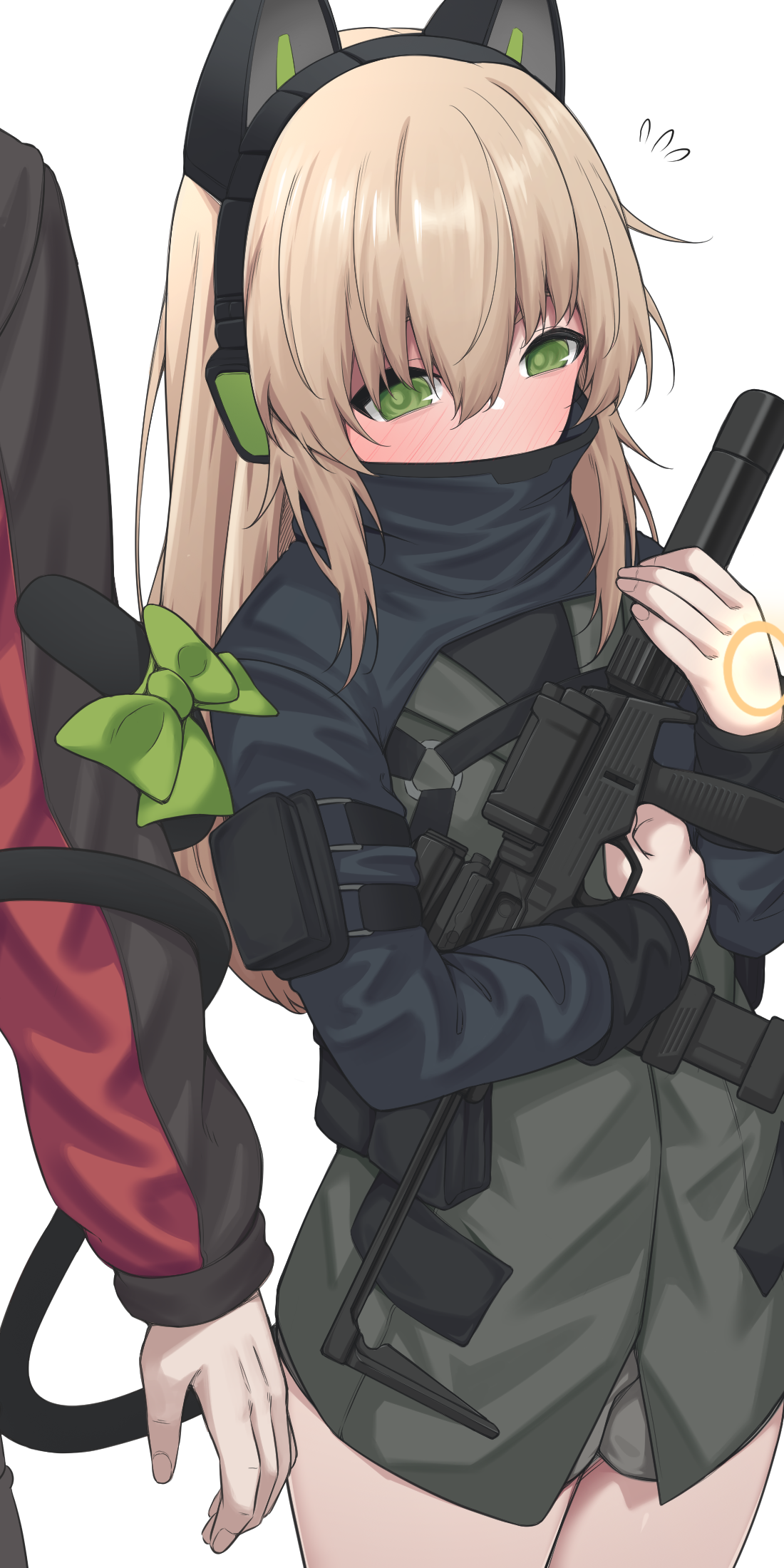 act (xadachit), commander (girls' frontline), tmp (girls' frontline), girls' frontline, commentary, commission, english commentary, highres, 1boy, 1girl, animal ear headphones, animal ears, b&t mp9, blonde hair, blush, cat ear headphones, cat ears, cowboy shot, dated commentary, embarrassed, fake animal ears, flying sweatdrops, full-face blush, green eyes, green shirt, grey shorts, gun, hair between eyes, headphones, holding, holding gun, holding weapon, jacket, long hair, long sleeves, magazine (weapon), muzzle device, red jacket, shirt, short shorts, shorts, shrug (clothing), sidelocks, simple background, standing, submachine gun, suppressor, tail around arm, turtleneck shrug, weapon, white background
