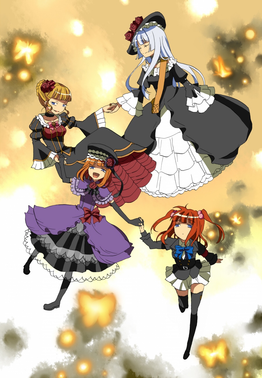 hidari (coletica), beatrice (umineko), eva beatrice, ushiromiya ange, virgilia (umineko), umineko no naku koro ni, silver hair, bad id, bad pixiv id, highres, 00s, 4girls, blonde hair, bow, bug, butterfly, closed eyes, dress, frills, gown, hair bobbles, hair ornament, hat, hime cut, holding hands, insect, multiple girls, orange hair, pink bow, red hair, smile, thighhighs, zettai ryouiki