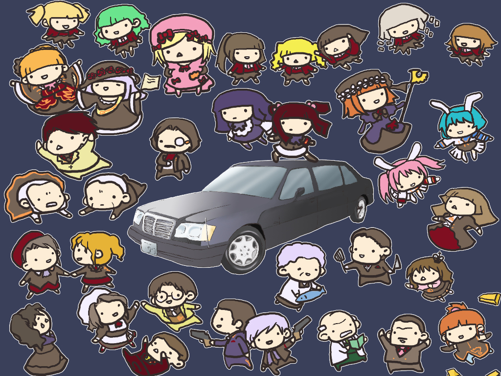 kashiwa kiseri, beatrice (umineko), chiester410, chiester45, chiester sisters, eva beatrice, frederica bernkastel, gouda toshirou, kanon (umineko), lambdadelta, ronove (umineko), shannon (umineko), stakes of purgatory, ushiromiya ange, ushiromiya battler, ushiromiya eva, ushiromiya george, ushiromiya hideyoshi, ushiromiya jessica, ushiromiya kinzou, ushiromiya krauss, ushiromiya maria, ushiromiya natsuhi, ushiromiya rosa, virgilia (umineko), alliance of the golden witch, mercedes-benz, umineko no naku koro ni, silver hair, 00s, 6+boys, 6+girls, :<, :d, animal ears, black hair, blonde hair, blue hair, brown hair, car, chibi, closed eyes, dress, everyone, formal clothes, green hair, hair bobbles, hair ornament, hat, jacket, mercedes benz, monocle, motor vehicle, multiple boys, multiple girls, necktie, open mouth, orange hair, pink hair, pink hat, red hair, skirt, smile, socks, suit, triangle mouth, wide face