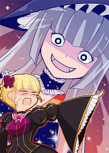 hina-uta, beatrice (umineko), virgilia (umineko), umineko no naku koro ni, silver hair, bad id, bad pixiv id, 00s, 2girls, blonde hair, choker, fang, fangs, multiple girls, pointing