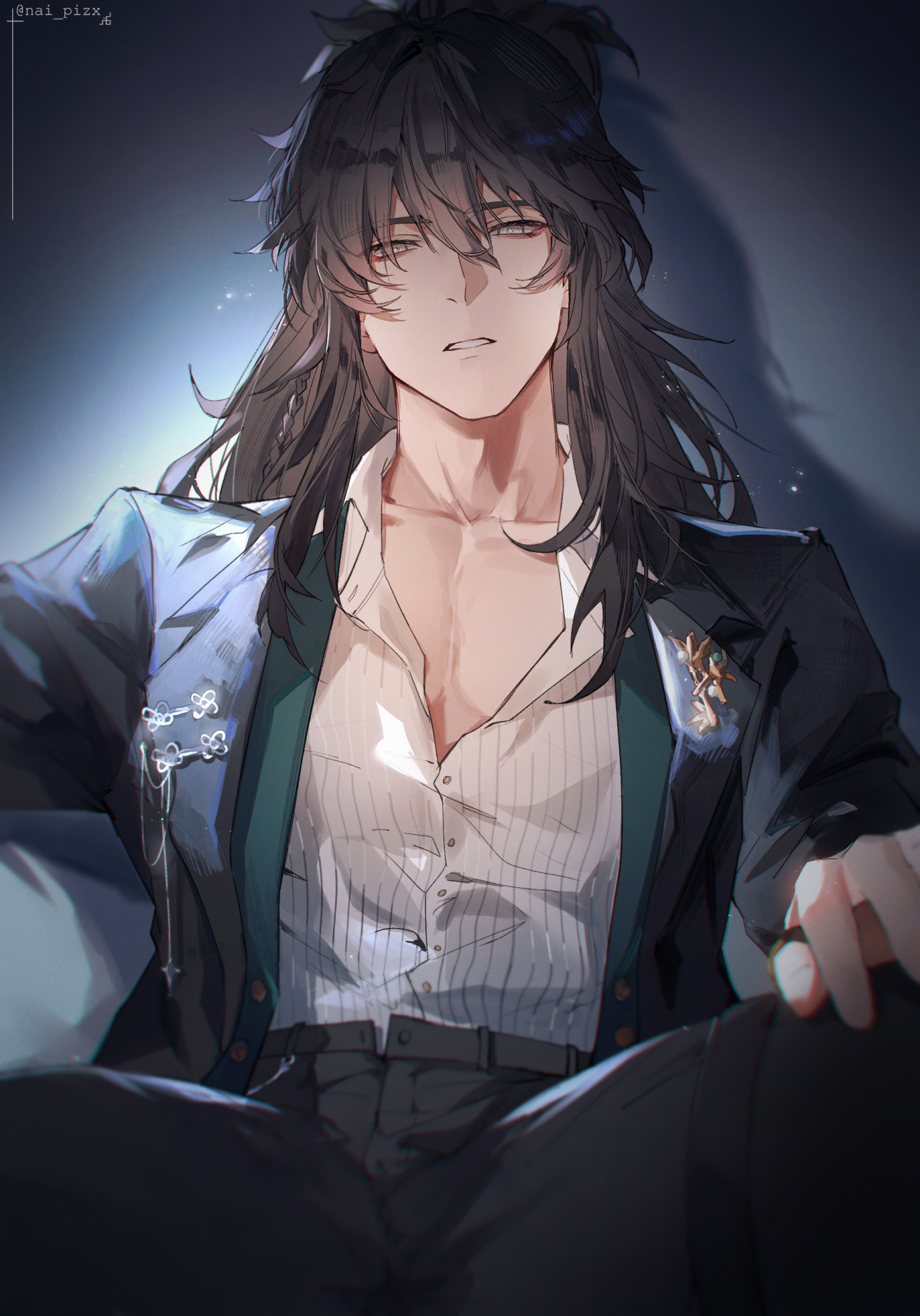 nai pizx, qiuyuan (wuthering waves), wuthering waves, commentary, highres, revision, 1boy, black hair, black jacket, black pants, blind, collarbone, grey eyes, hair between eyes, half-closed eyes, jacket, long hair, looking at viewer, male focus, official alternate costume, open fly, pants, parted lips, partially unbuttoned, pash (magazine), shirt, shirt tucked in, solo, toned, toned male, white shirt