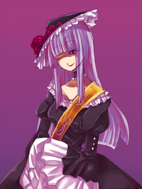 virgilia (umineko), umineko no naku koro ni, silver hair, 00s, blue eyes, choker, hat, hime cut, long hair, one eye closed, sash, solo, wink