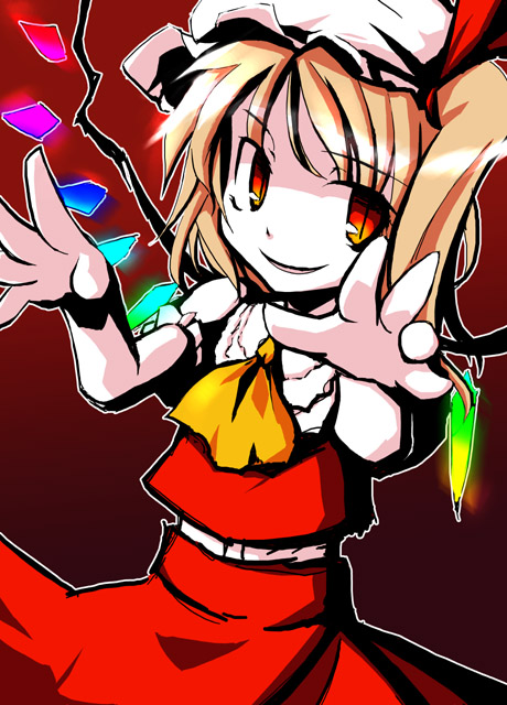neki-t, flandre scarlet, touhou, 1girl, ascot, blonde hair, cowboy shot, crystal, demon wings, dress, evil smile, female focus, hat, looking at viewer, mob cap, outstretched arms, parted lips, puffy short sleeves, puffy sleeves, red dress, red eyes, shaded face, short sleeves, smile, solo, wings, wrist cuffs