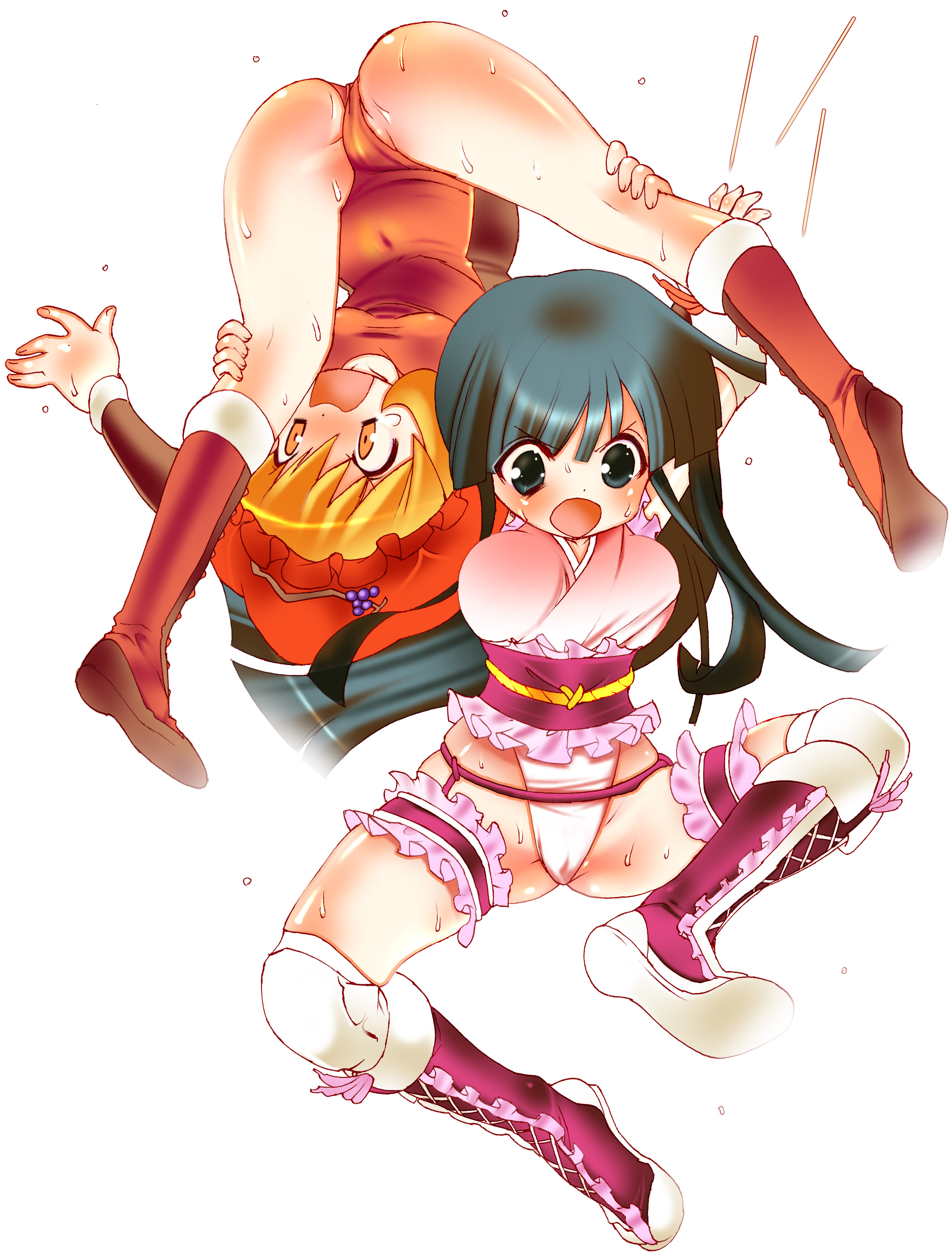 dei shirou, aki minoriko, houraisan kaguya, touhou, absurdres, highres, 2girls, ass, breasts, female focus, full body, kinniku buster, legs, leotard, multiple girls, simple background, white background, wrestling