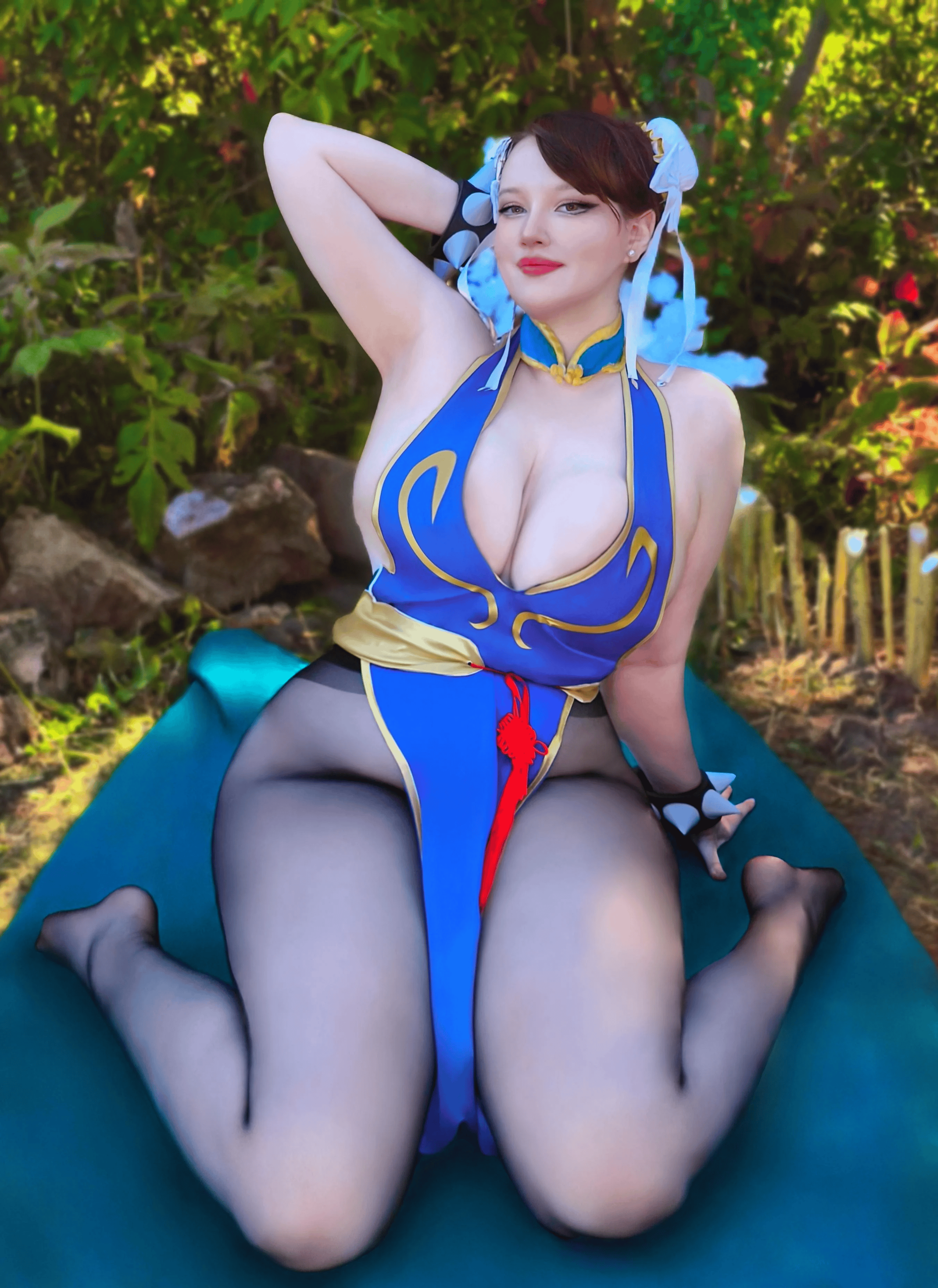 chun-li, capcom, real life, street fighter, street fighter iv (series), absurdres, cosplay photo, highres, photo (medium), 1girl, blurry, blurry background, bracelet, breasts, brown hair, chinese clothes, chun-li (cosplay), cosplay, double bun, female focus, hair bun, jewelry, large breasts, mi samura, official alternate costume, outdoors, pantyhose, see-through pantyhose, solo, spiked bracelet, spikes, thighs