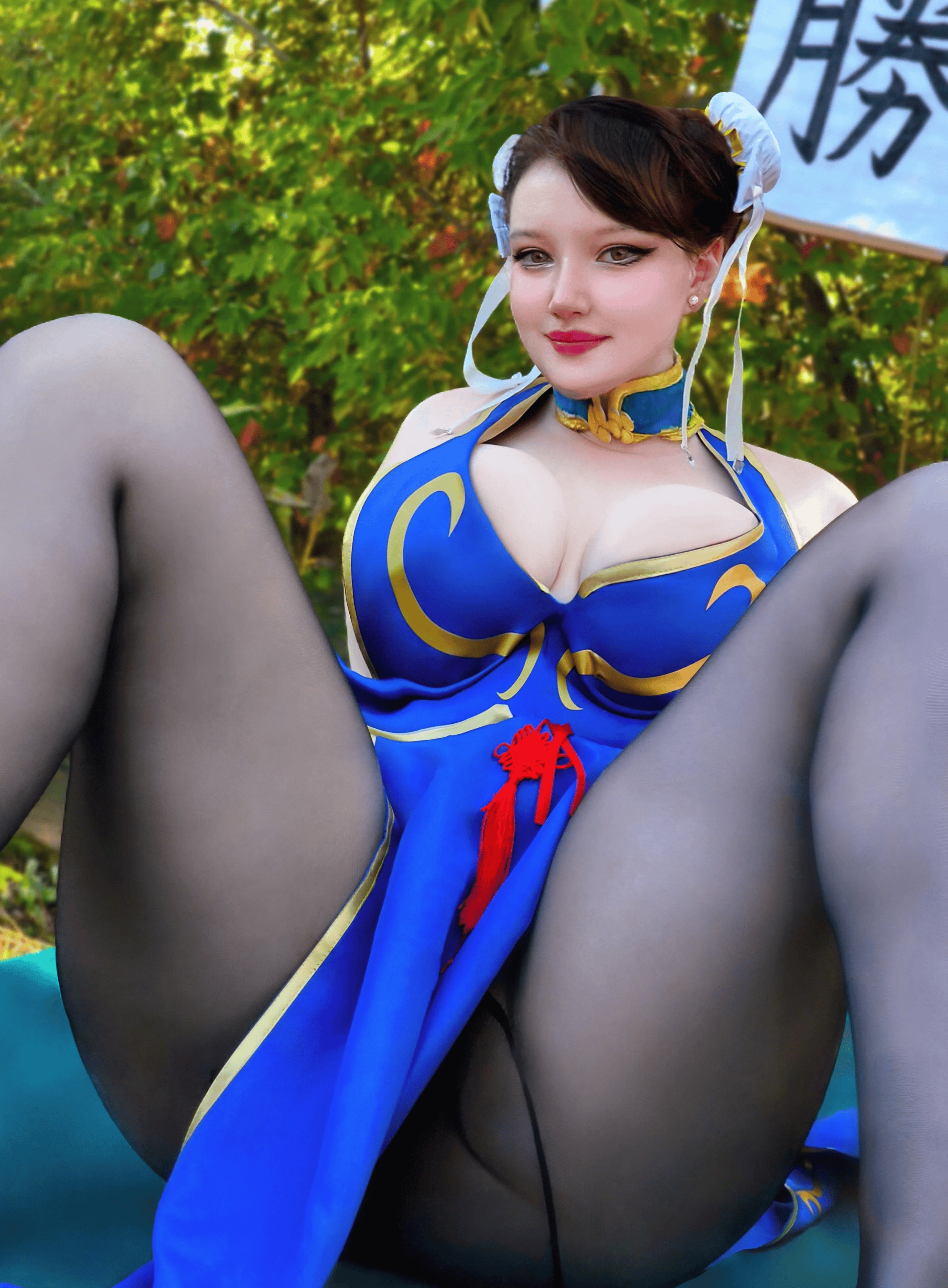 chun-li, capcom, real life, street fighter, street fighter iv (series), absurdres, cosplay photo, highres, photo (medium), 1girl, blurry, blurry background, bracelet, breasts, brown hair, chinese clothes, chun-li (cosplay), cosplay, double bun, female focus, hair bun, jewelry, large breasts, mi samura, official alternate costume, outdoors, pantyhose, see-through pantyhose, solo, spiked bracelet, spikes, spread legs, thighs