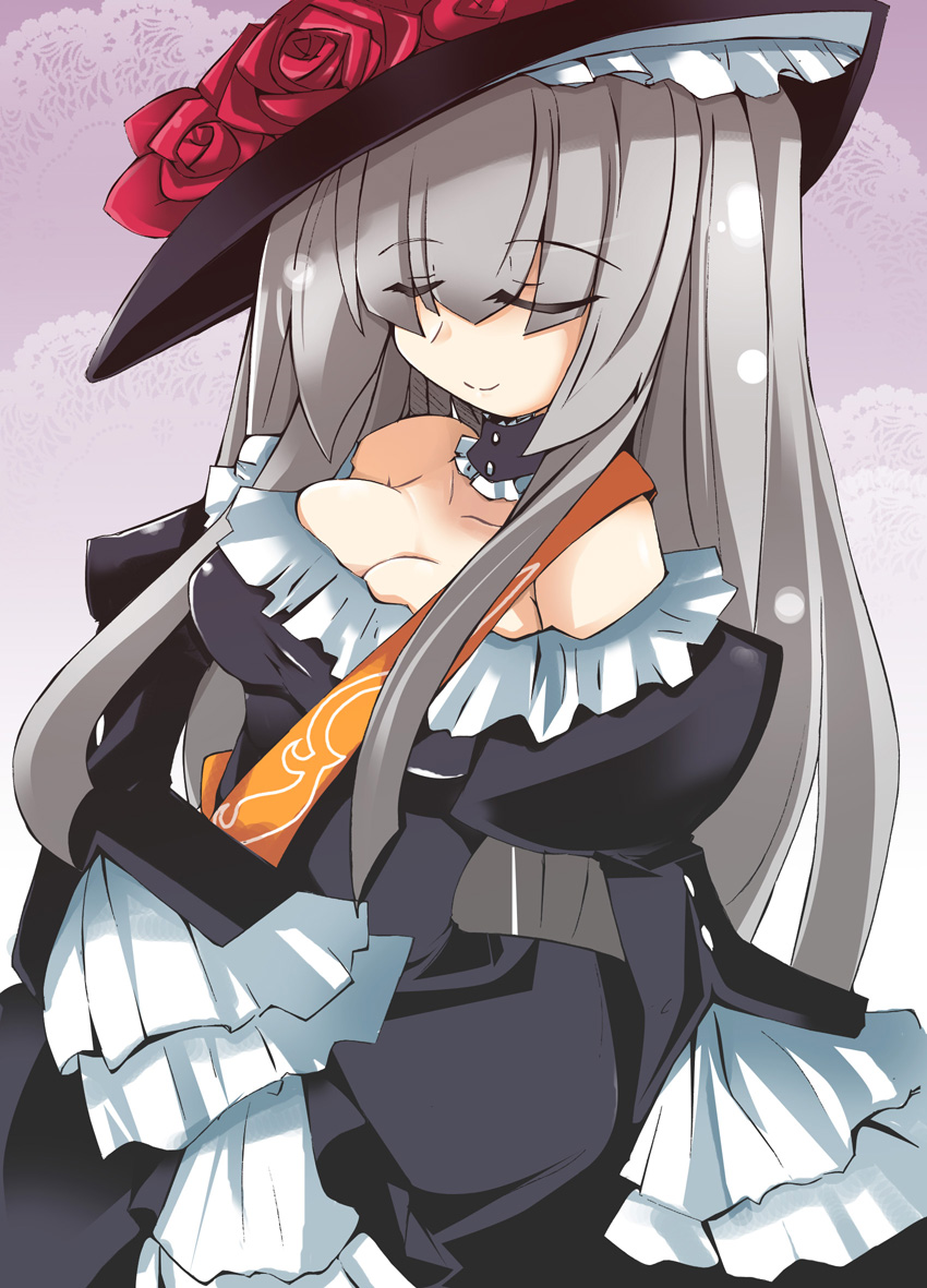 shirogane (platinum), virgilia (umineko), umineko no naku koro ni, silver hair, 00s, 1girl, breasts, closed eyes, female focus, frills, hat, hime cut, large breasts, sash, solo