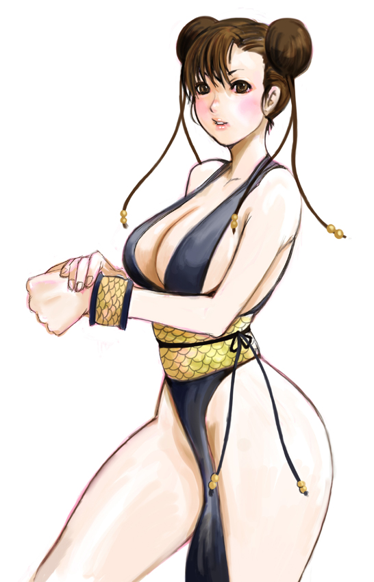 kazaana, chun-li, capcom, street fighter, street fighter ii (series), street fighter iv (series), 1990s (style), 1girl, alternate costume, braid, breasts, brown eyes, brown hair, china dress, chinese clothes, cleavage, double bun, dress, female focus, hair bun, hip focus, large breasts, legs, pelvic curtain, retro artstyle, short hair, sideboob, solo, wide hips