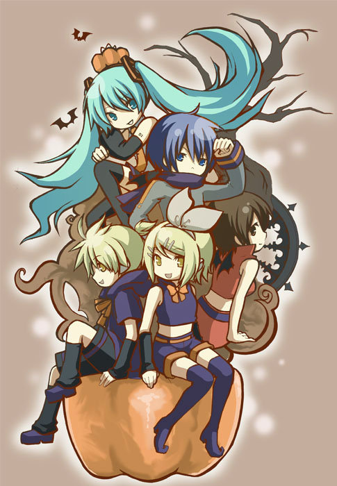 hatsune miku, kagamine len, kagamine rin, kaito (vocaloid), meiko (vocaloid), vocaloid, 2boys, 3girls, blonde hair, blue eyes, blue hair, brother and sister, brown hair, halloween, multiple boys, multiple girls, siblings, twins, twintails, yellow eyes