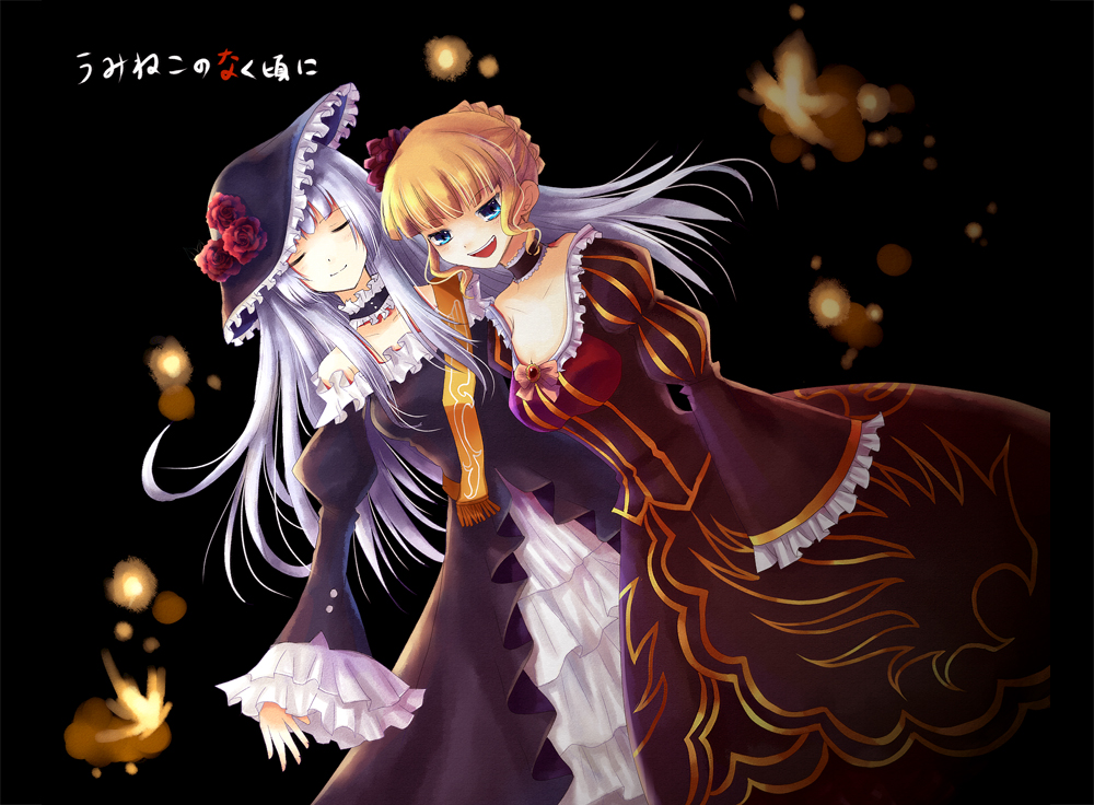 vienri, beatrice (umineko), virgilia (umineko), umineko no naku koro ni, silver hair, 00s, 2girls, blonde hair, bow, bug, butterfly, choker, closed eyes, dress, frills, hat, hime cut, insect, long hair, multiple girls, pink bow, sash, smile
