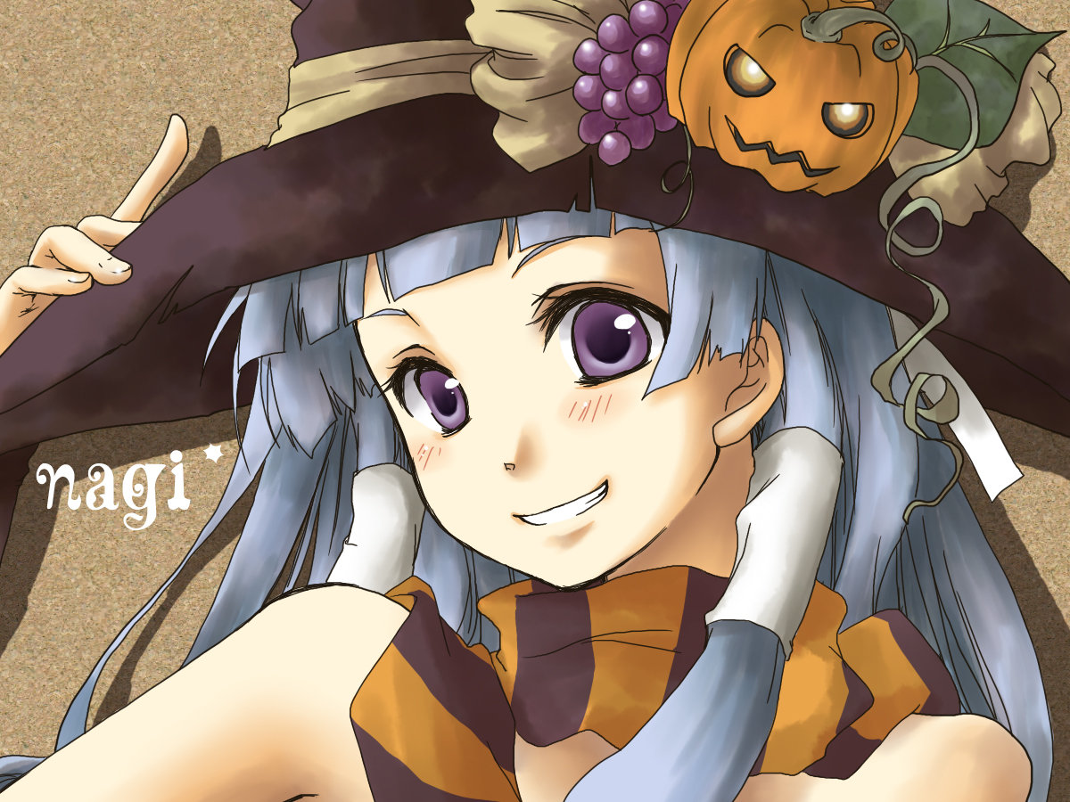 yuuna katsumi, nagi, kannagi, md5 mismatch, 00s, 1girl, blue hair, blunt bangs, character name, female focus, food-themed hair ornament, hair ornament, hair tubes, halloween, hat, jack-o'-lantern, pumpkin, pumpkin hair ornament, purple eyes, scarf, solo, striped clothes, striped scarf, text focus, witch hat