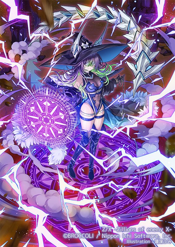 hasumi fumi, z/x, official art, 1girl, bandages, bandages over eyes, black boots, black gloves, black hat, black robe, blindfold, blue bodysuit, blue hair, bodysuit, boots, breasts, chain, closed mouth, copyright notice, covered eyes, electricity, gloria (z/x), gloves, green hair, hat, hat ornament, holding, holding chain, large breasts, light particles, long hair, magic circle, multicolored hair, open clothes, open robe, robe, see-through cleavage, see-through clothes, solo, thigh boots, thigh strap, witch hat